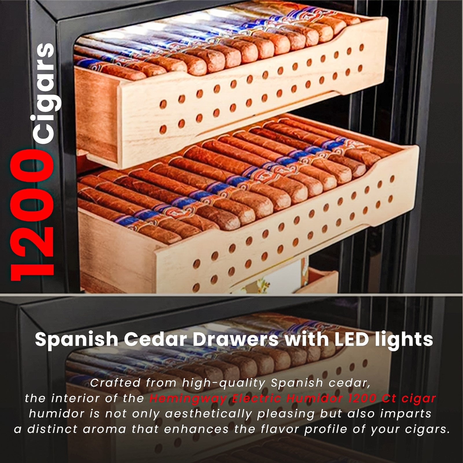 Electric cigar humidor B4 interior with 1200 cigar capacity, Spanish cedar drawers, ventilated shelves, and LED lighting display.