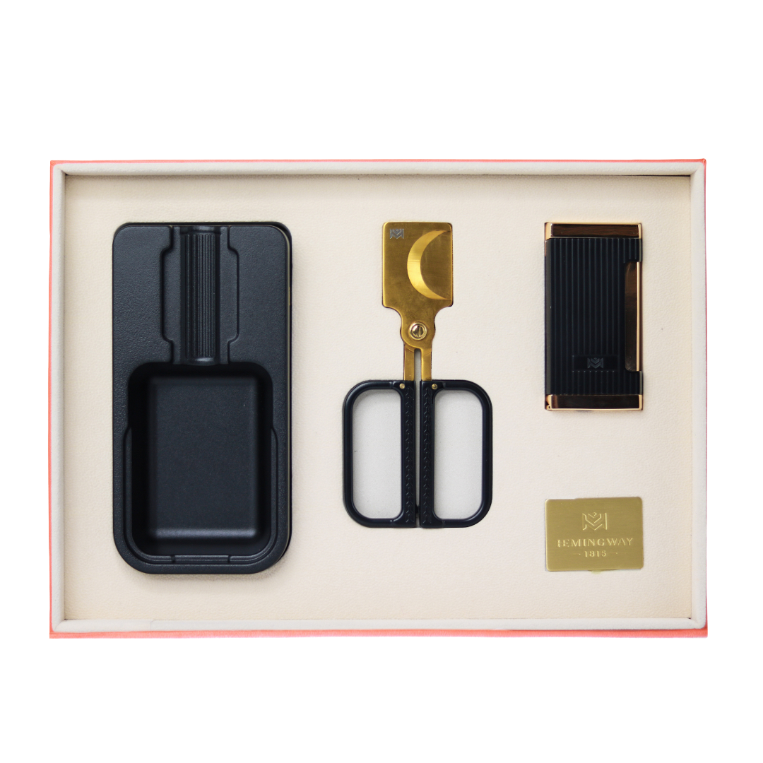 Hemingway black 3-piece accessory gift set with ashtray cutter and lighter