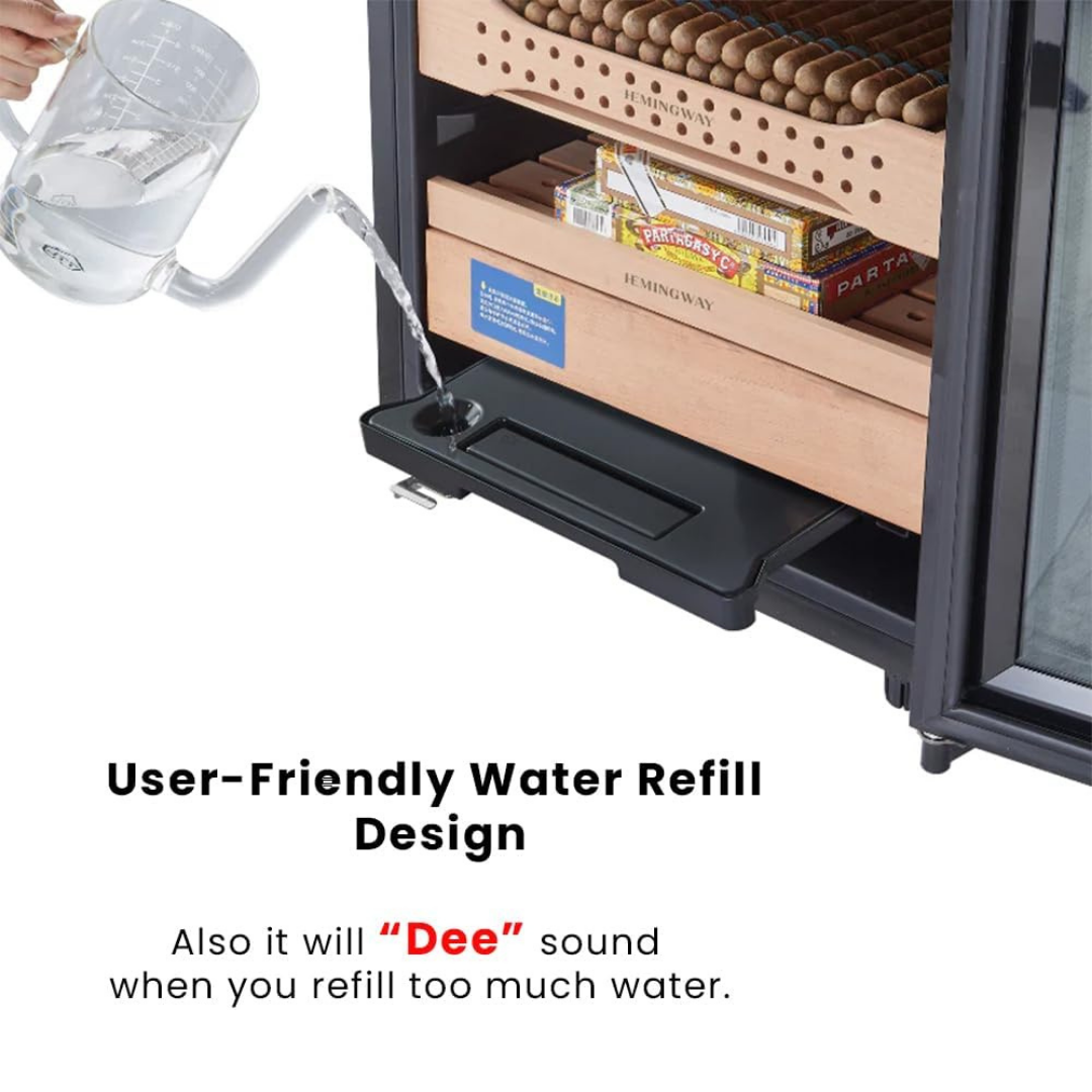 Electric cigar humidor B4 user-friendly water refill system with external refill tray and humidity control reservoir