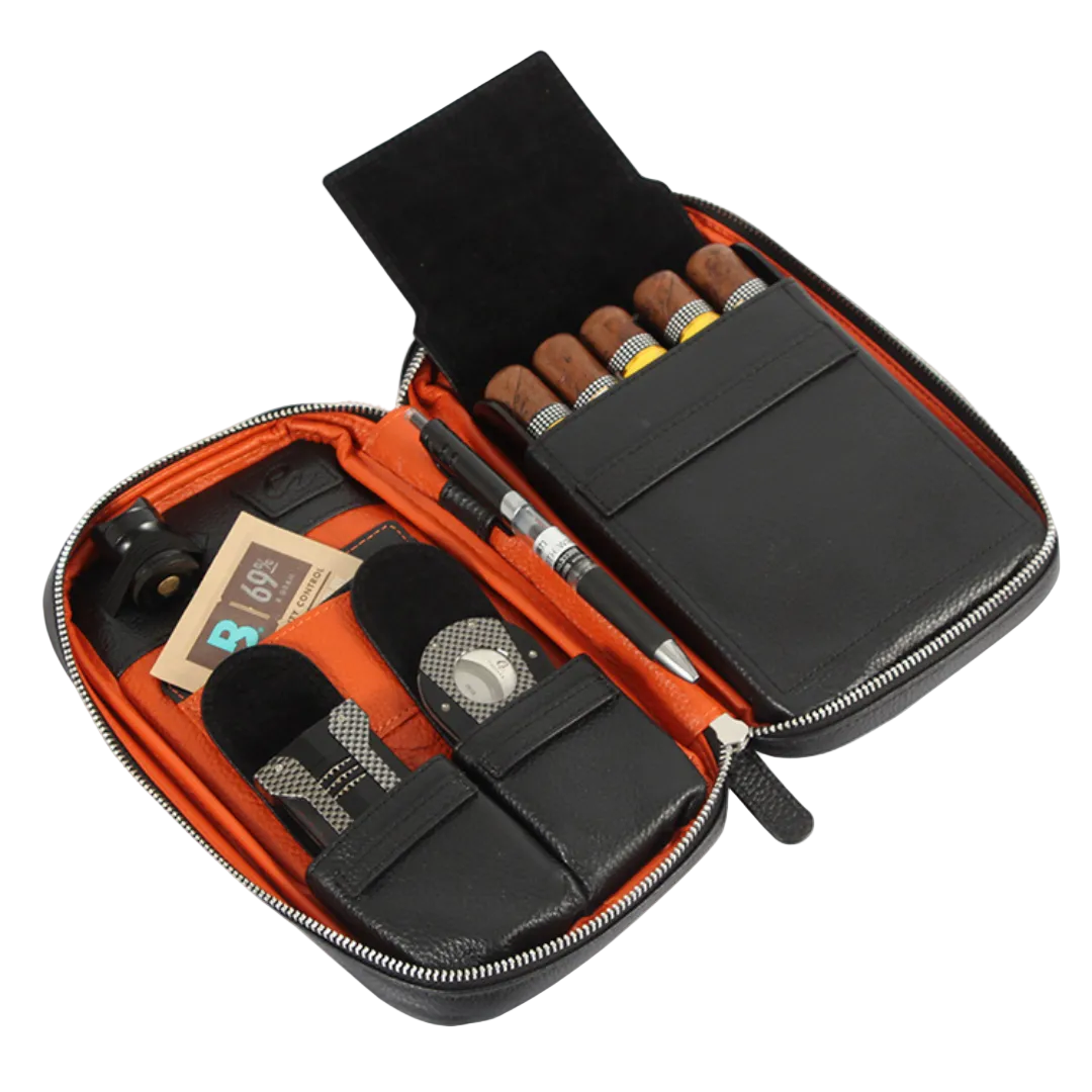 Premium leather cigar travel case set with organized accessory compartments