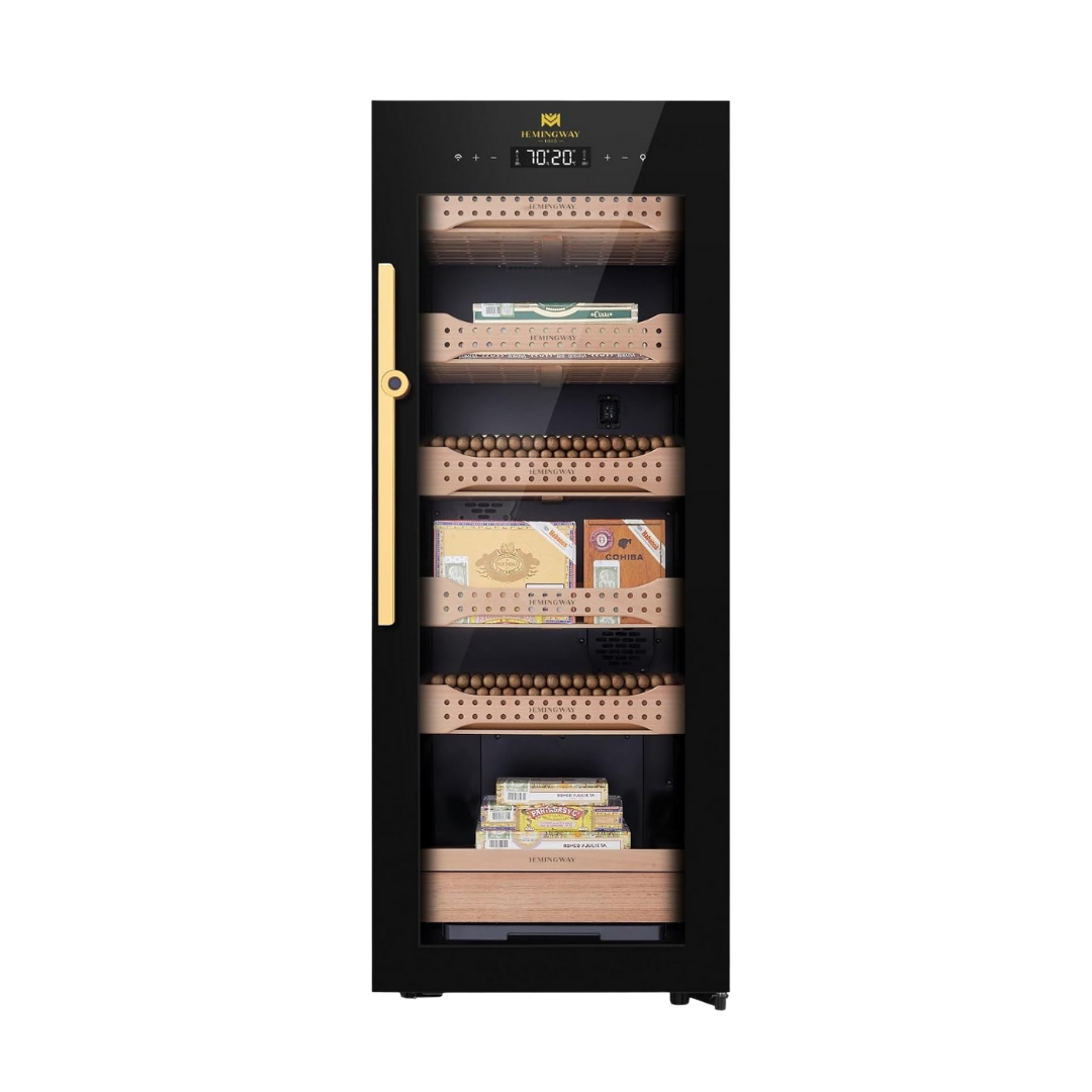 Electric cigar humidor B4 full front view with glass door, Spanish cedar shelves, LED display, and 1200 cigar capacity cabinet