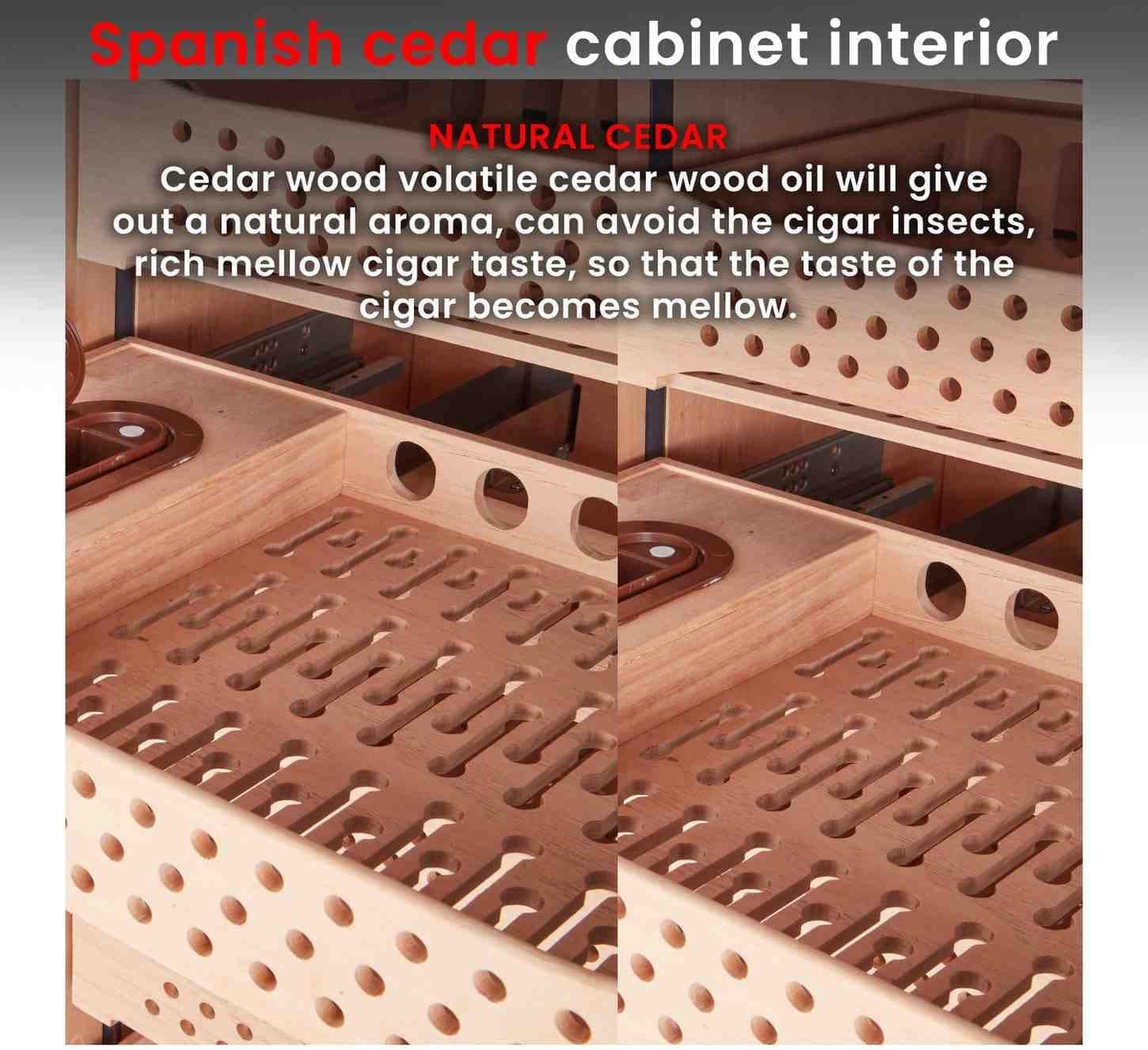 Electric cigar humidor Spanish cedar cabinet interior with natural cedar shelves for aroma enhancement and insect protection.