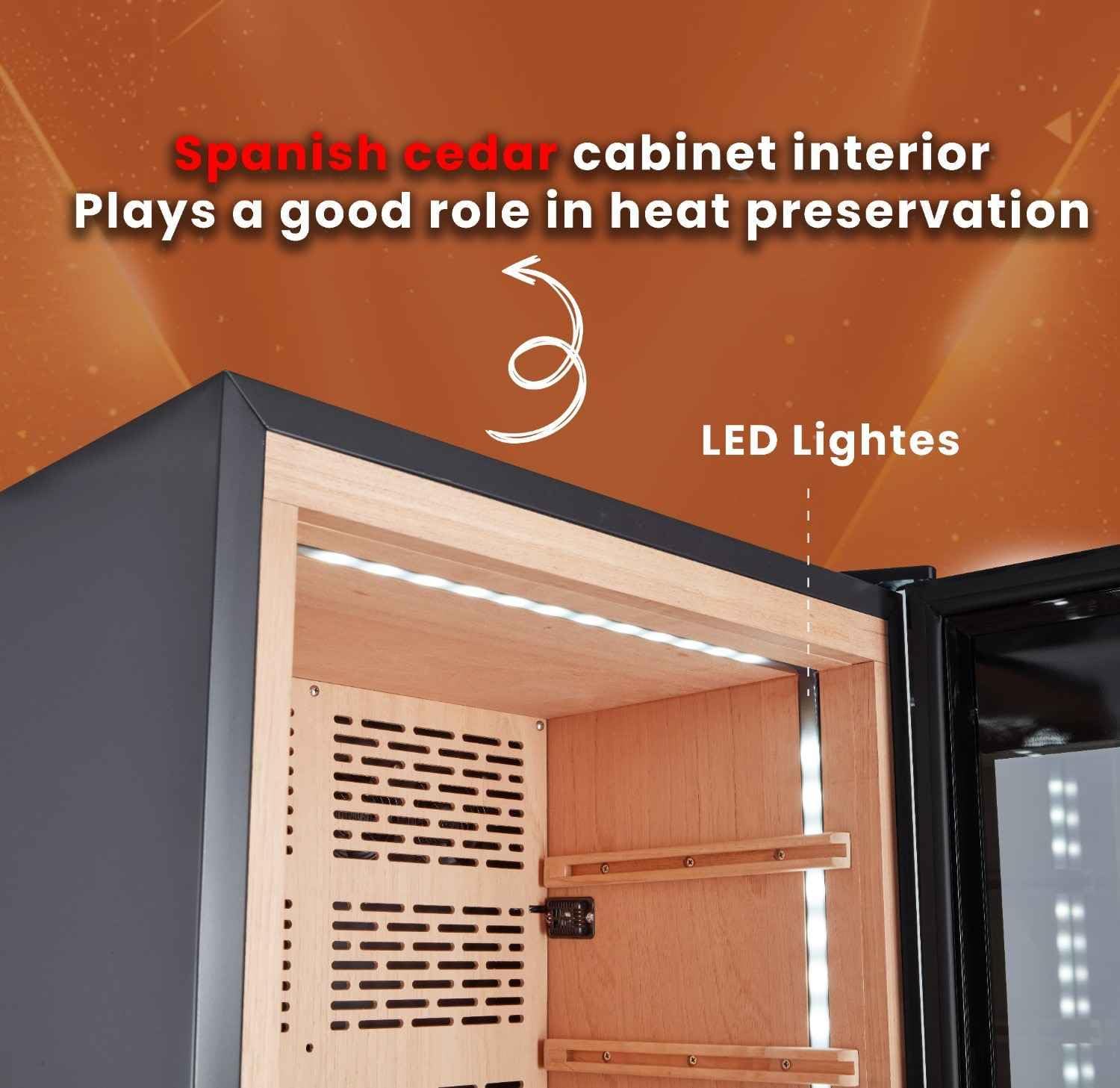 Electric cigar humidor B6 interior with Spanish cedar cabinet lining and LED lighting for enhanced heat and humidity preservation.