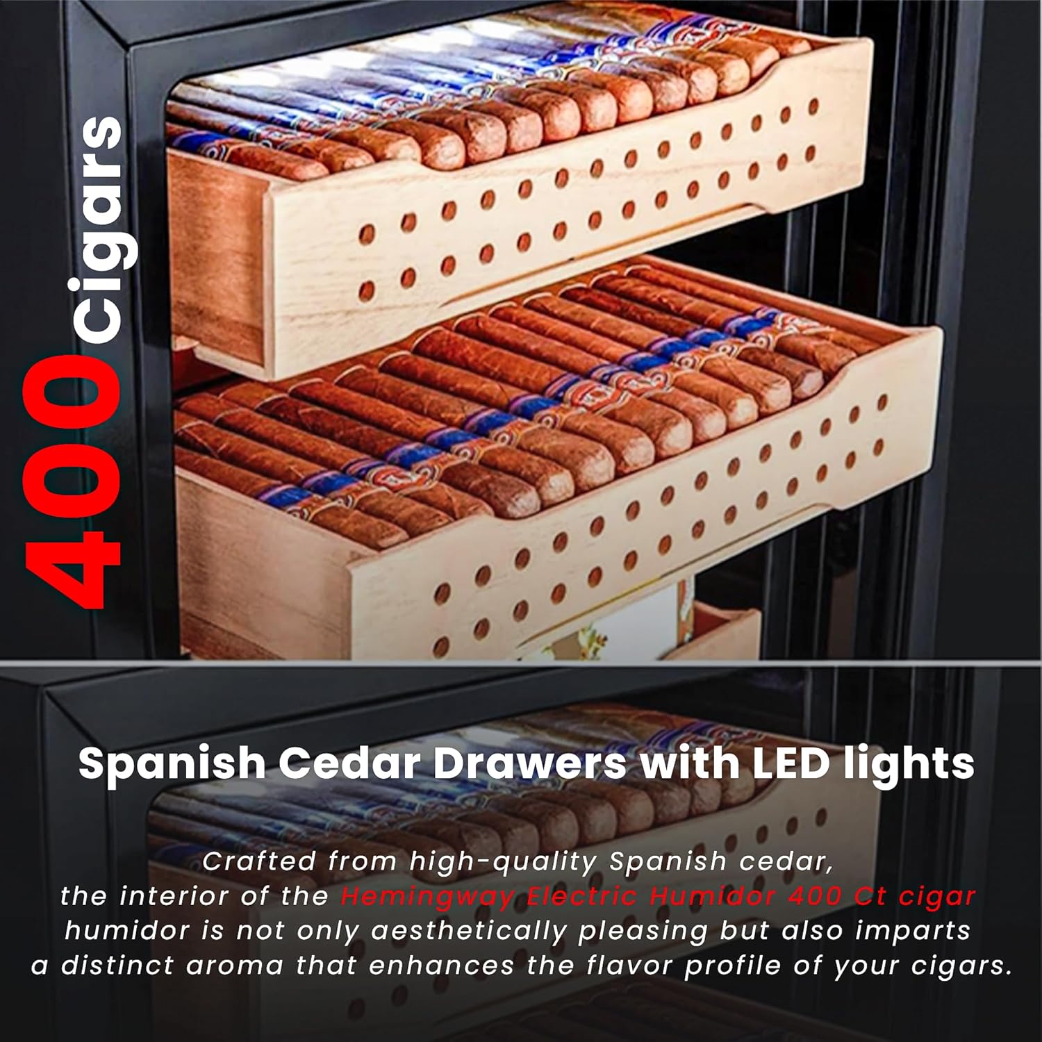 Hemingway 400 cigar electric humidor with Spanish cedar drawers and LED lights UAE