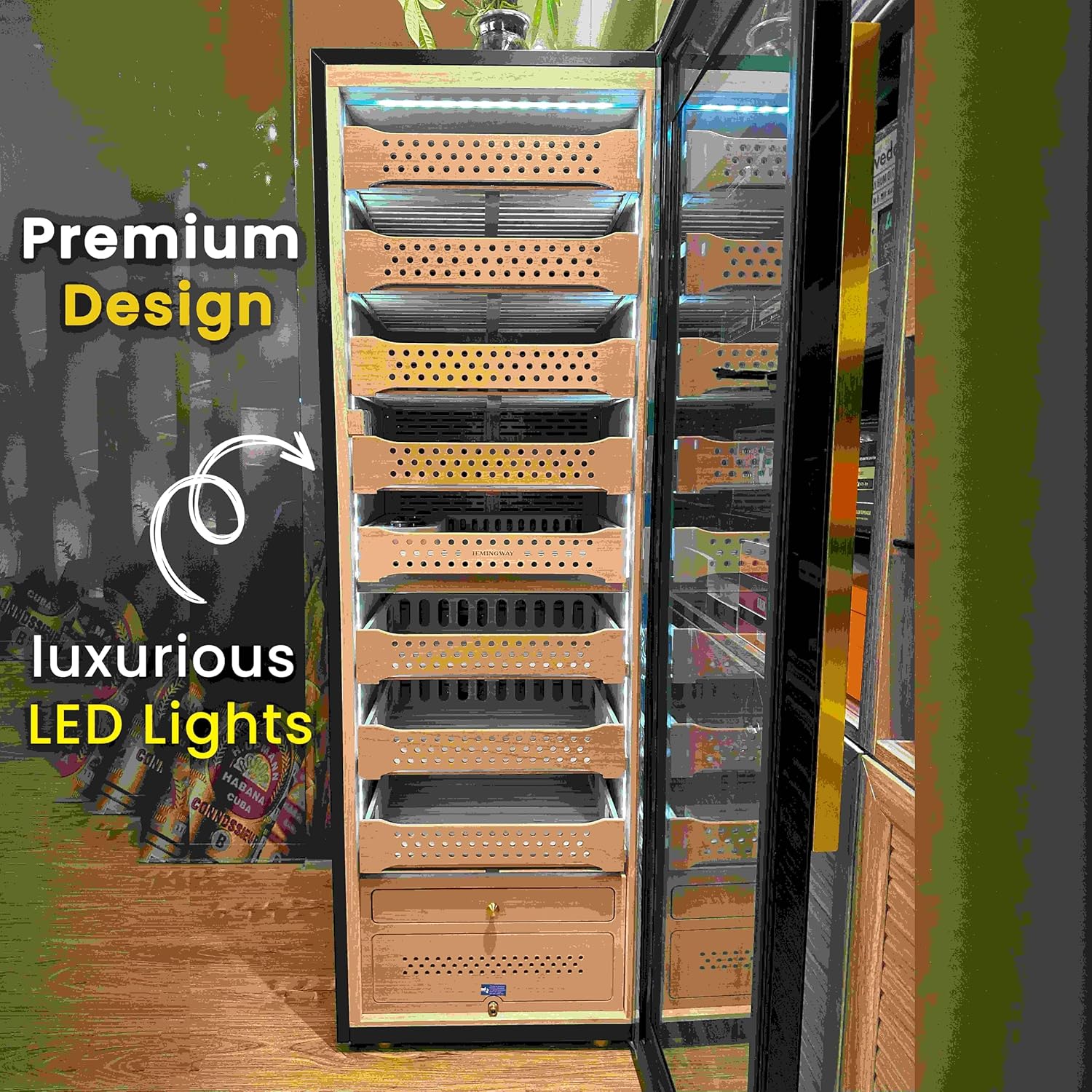 Electric cigar humidor B6 interior with premium multi-layer Spanish cedar shelves and luxurious LED lighting display.