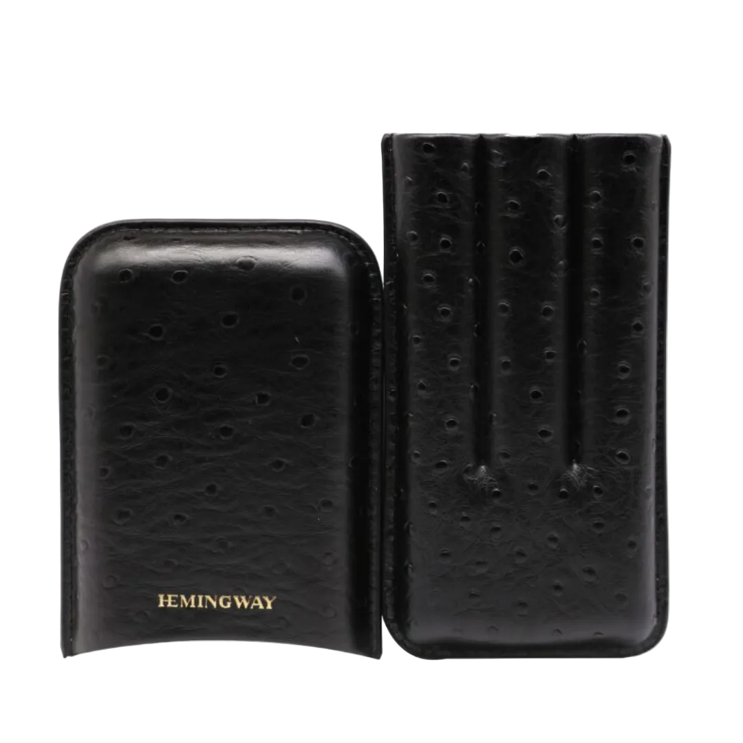 Black leather phone case with 'Hemingway' branding on a white background