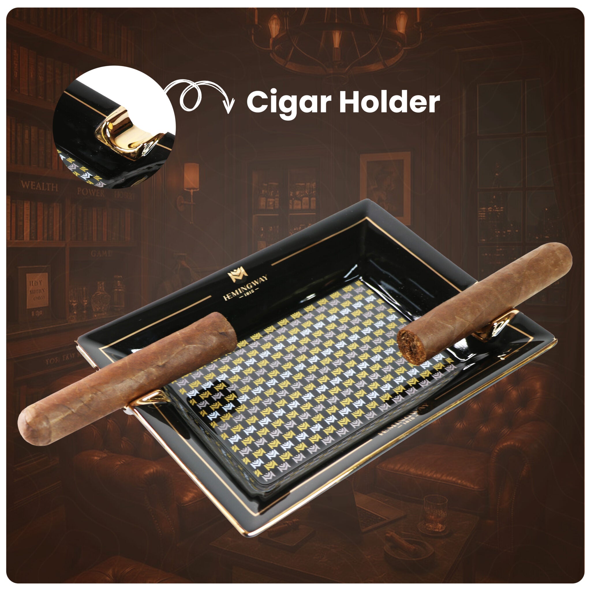 Cigar holder with two cigars on a checkered tray against a dark background
