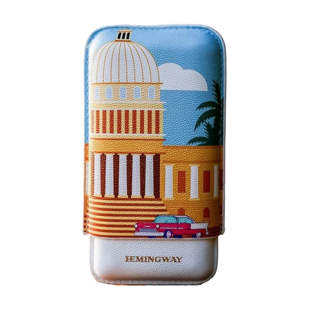 Cigar Case with architectural design and 'HEMINGWAY' branding on a white background