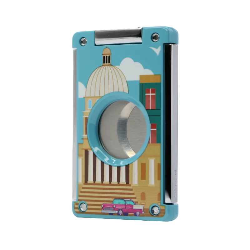 Cigar cutter with cityscape design on a white background