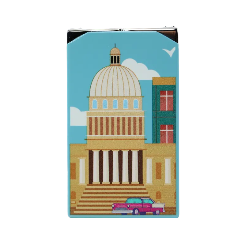 Phone case with a design of a building and car on a blue background