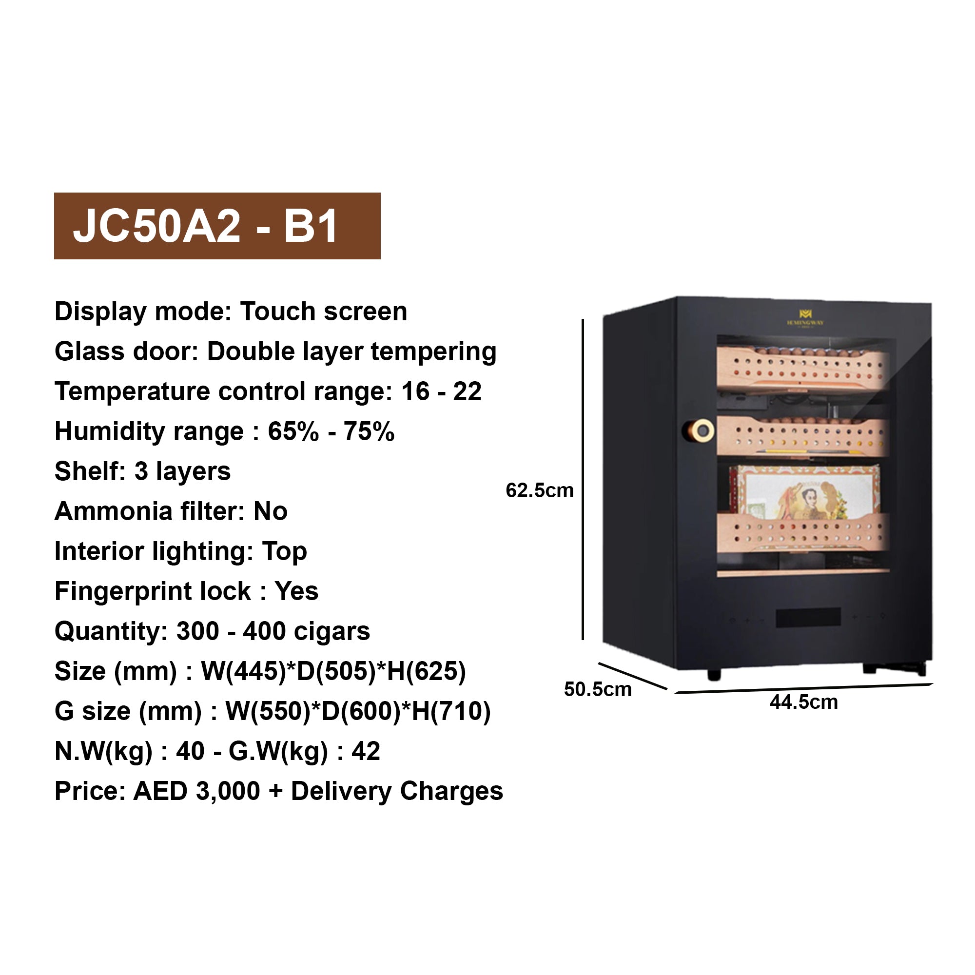 Cigar humidor with specifications on a white background