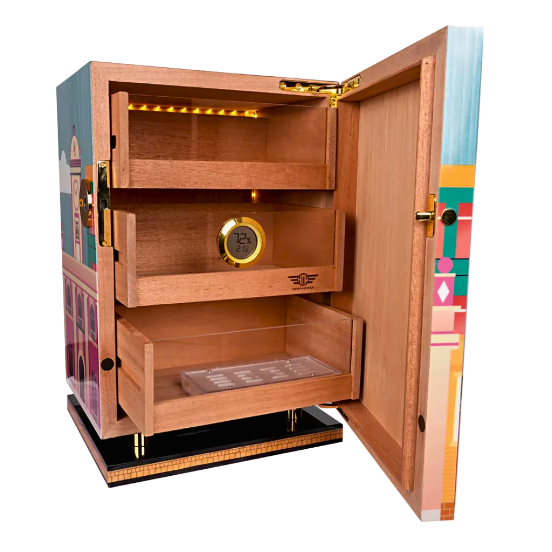 Open Hemingway limited edition humidor with Spanish cedar interior and hygrometer