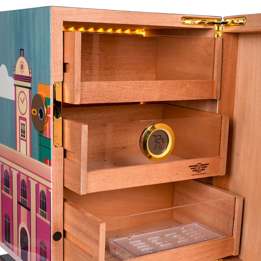 Interior close-up of Hemingway humidor with cedar shelves, LED light, and hygrometer