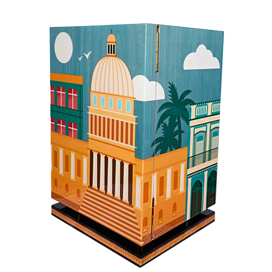Side view of Hemingway limited edition humidor with architectural artwork finish