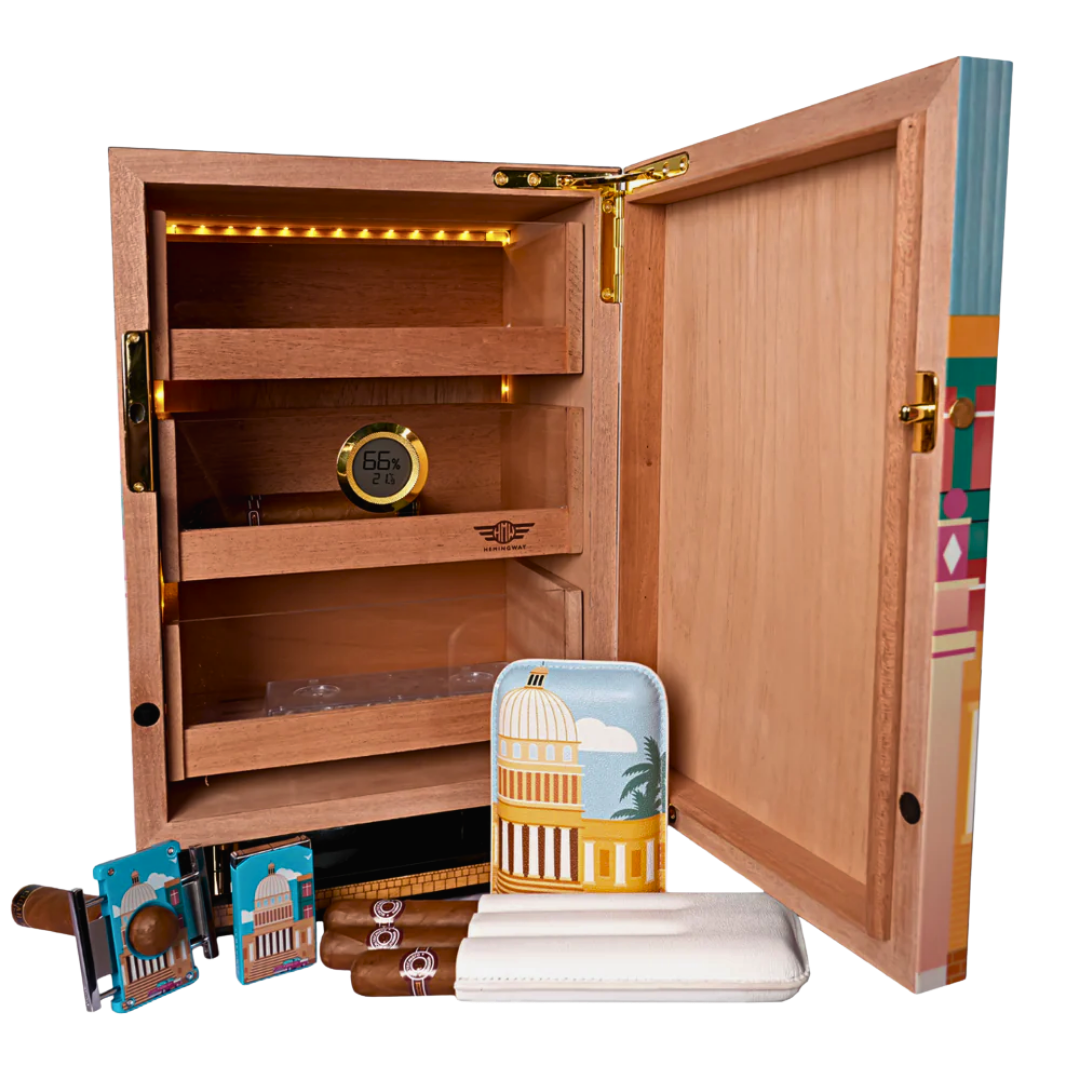 Open Hemingway limited edition humidor with matching travel case, lighter, cutter, and cigars