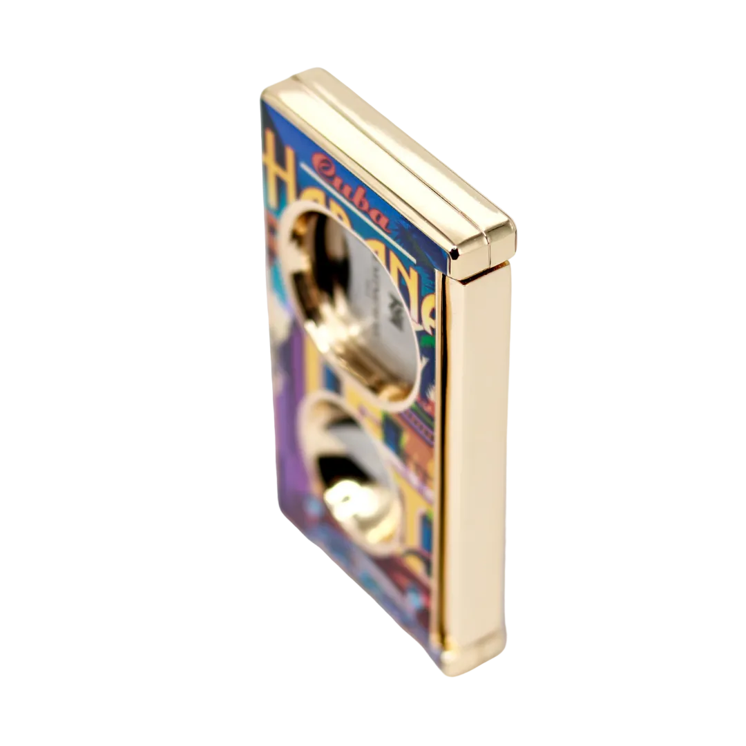 Gold lighter with colorful design on a white background