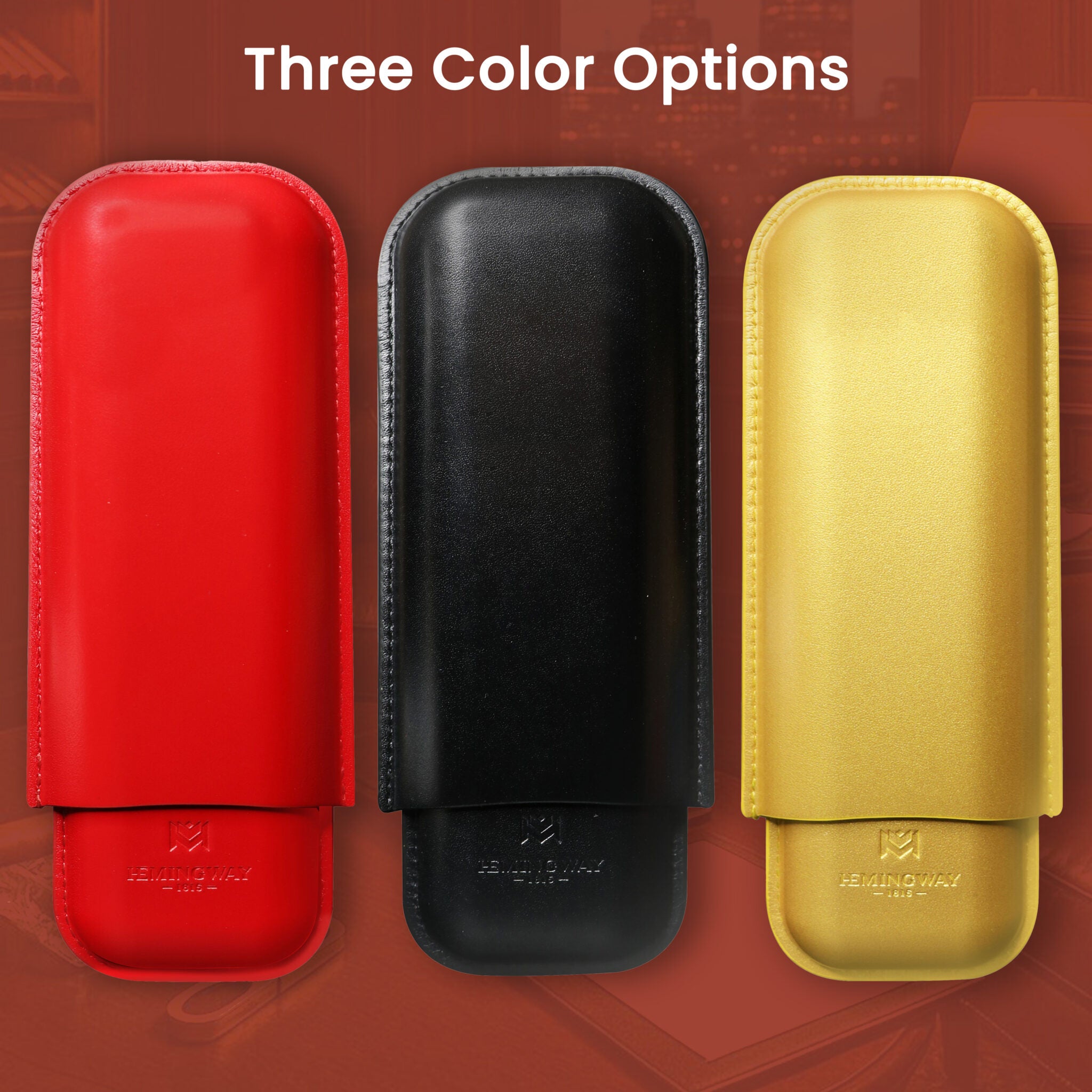 Three leather cases in red, black, and gold with a brand logo on a red background.