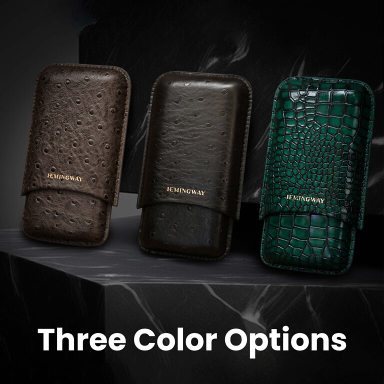 Three leather phone cases in brown, black, and green with 'JEMINGWAY' branding on a dark background.