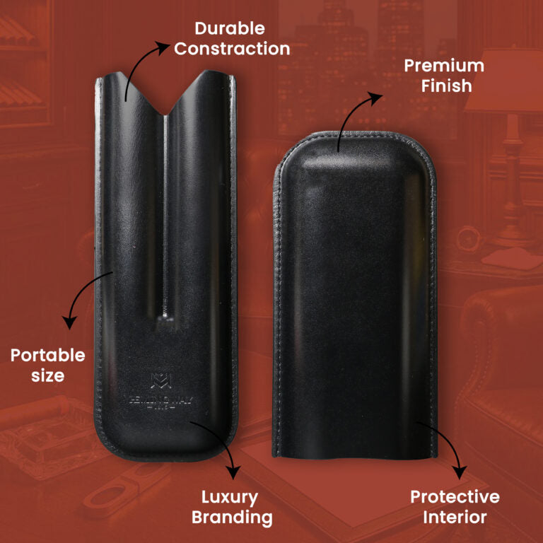 Black leather cigar case open showing secure two cigar capacity
