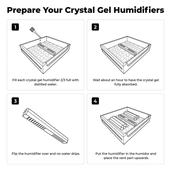 Step-by-step guide on preparing crystal gel humidifiers with illustrations and text.
