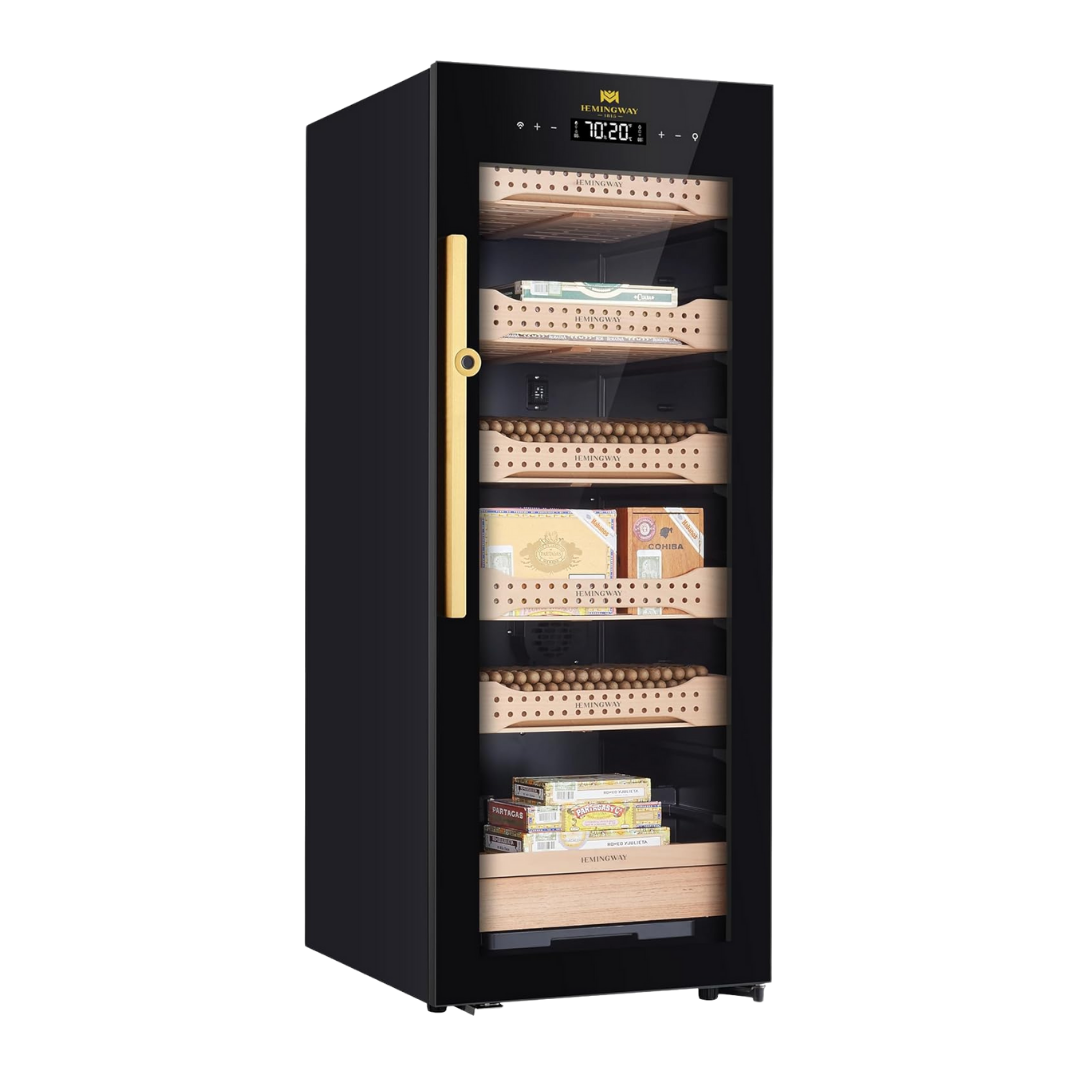 Electric cigar humidor B4 angled front view with glass door, Spanish cedar shelves, LED display control, and 1200 cigar storage capacity.
