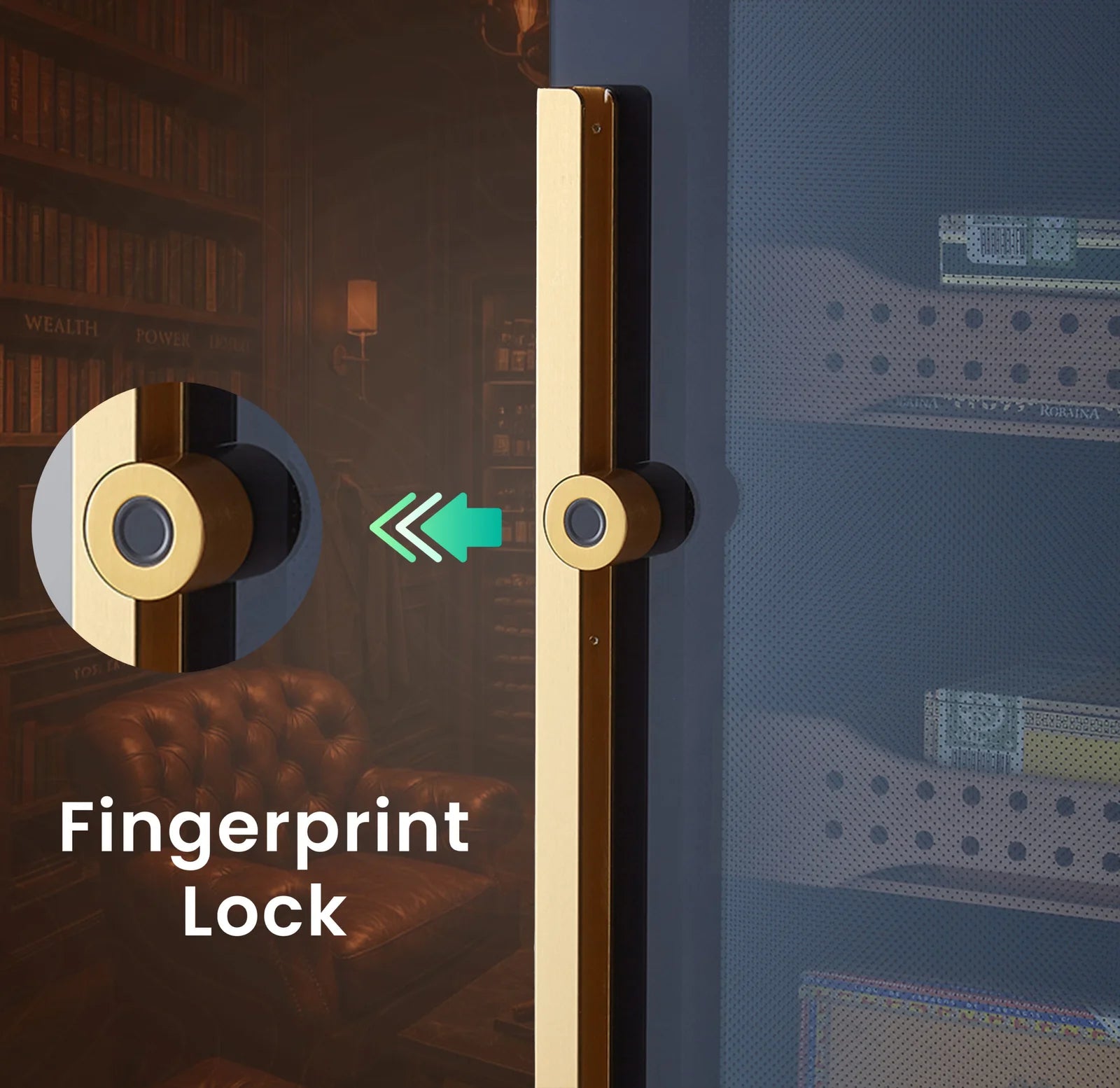 Fingerprint lock mechanism on a door with a blurred background