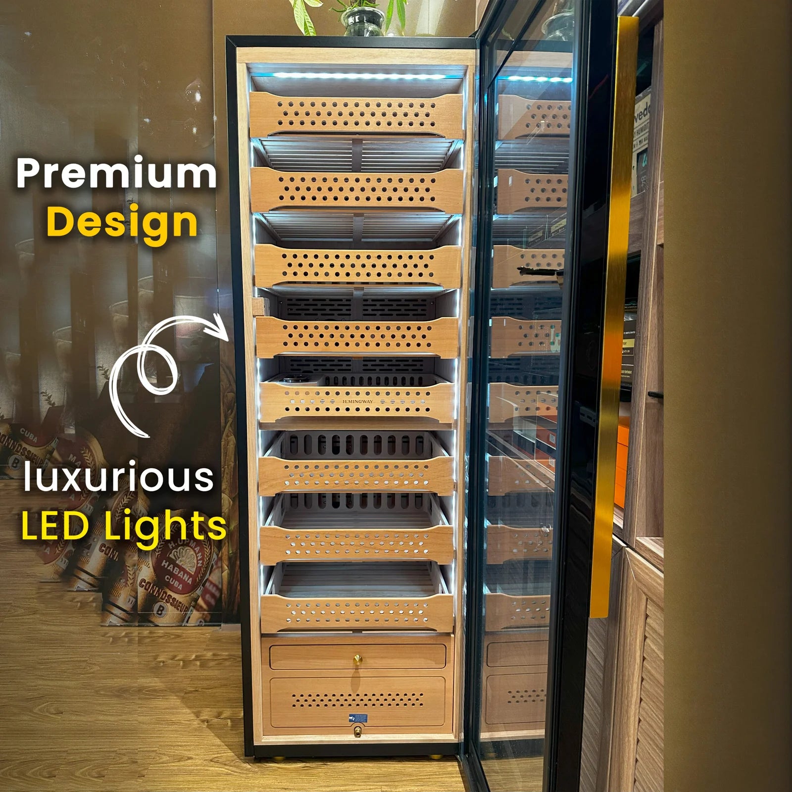 Furnace with wooden drawers and luxurious LED lights, labeled 'Premium Design' and 'Luxurious LED Lights'.