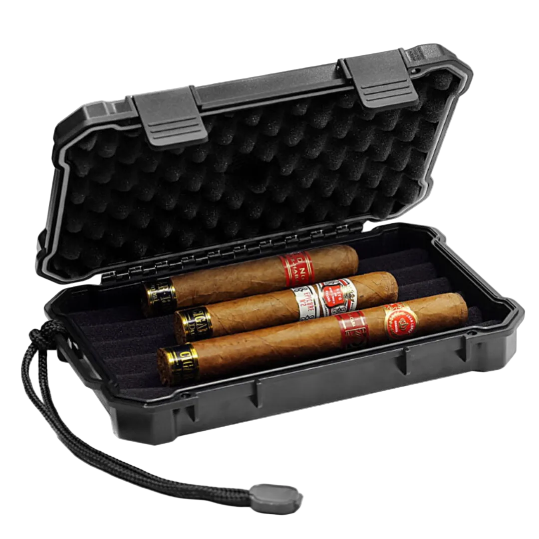 Black travel case with three cigars inside on a white background