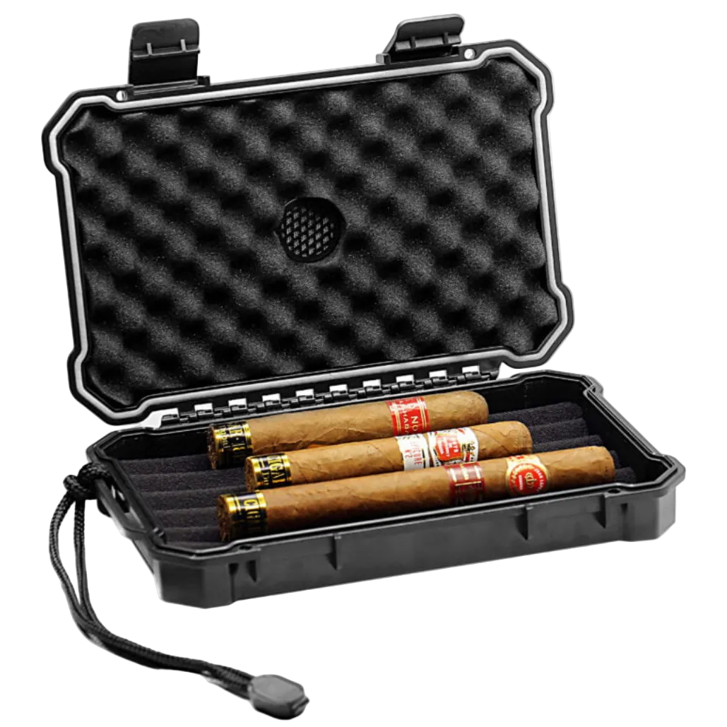 Black hard-shell travel case with three cigars inside on a white background