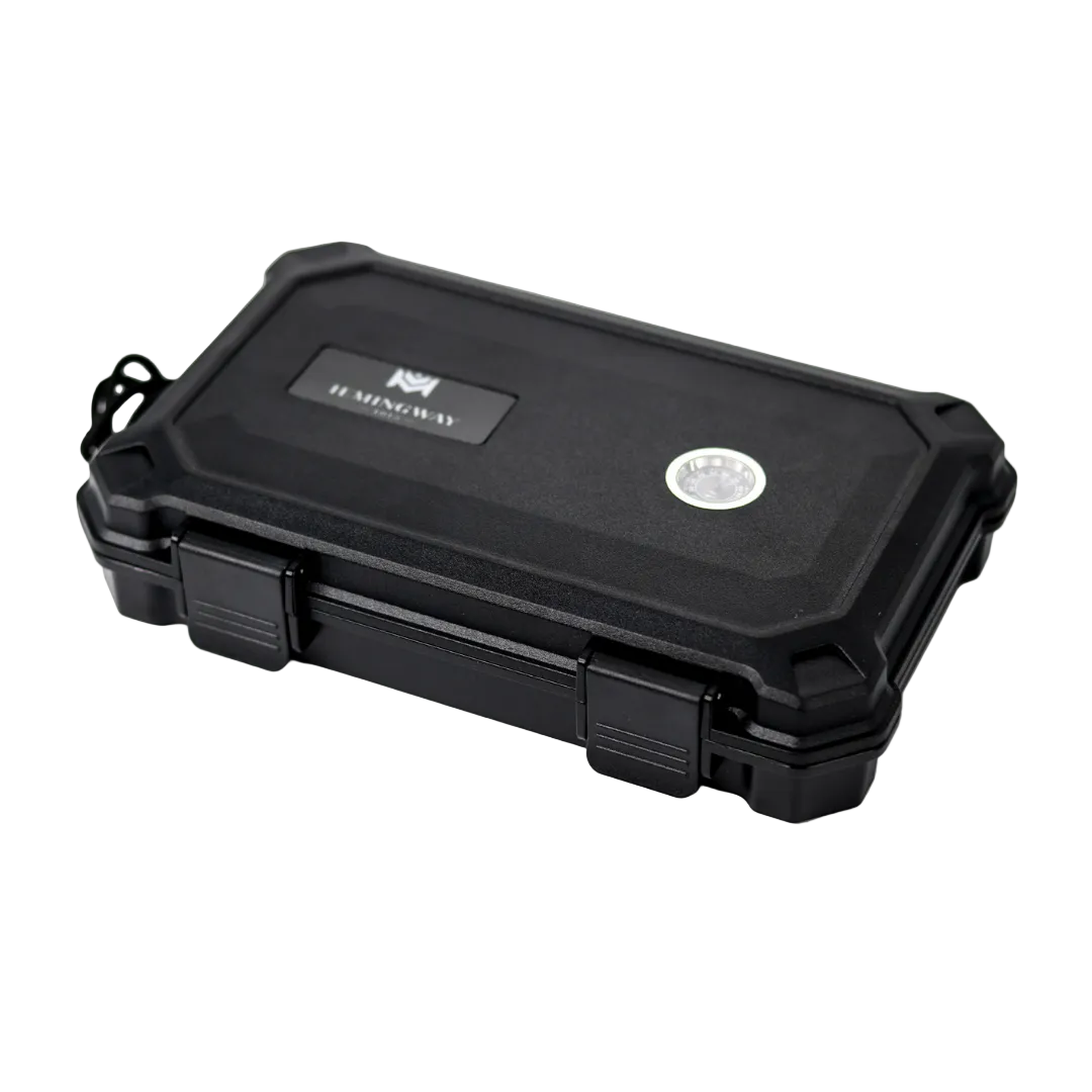 Black hard-shell protective case with a brand logo on a white background