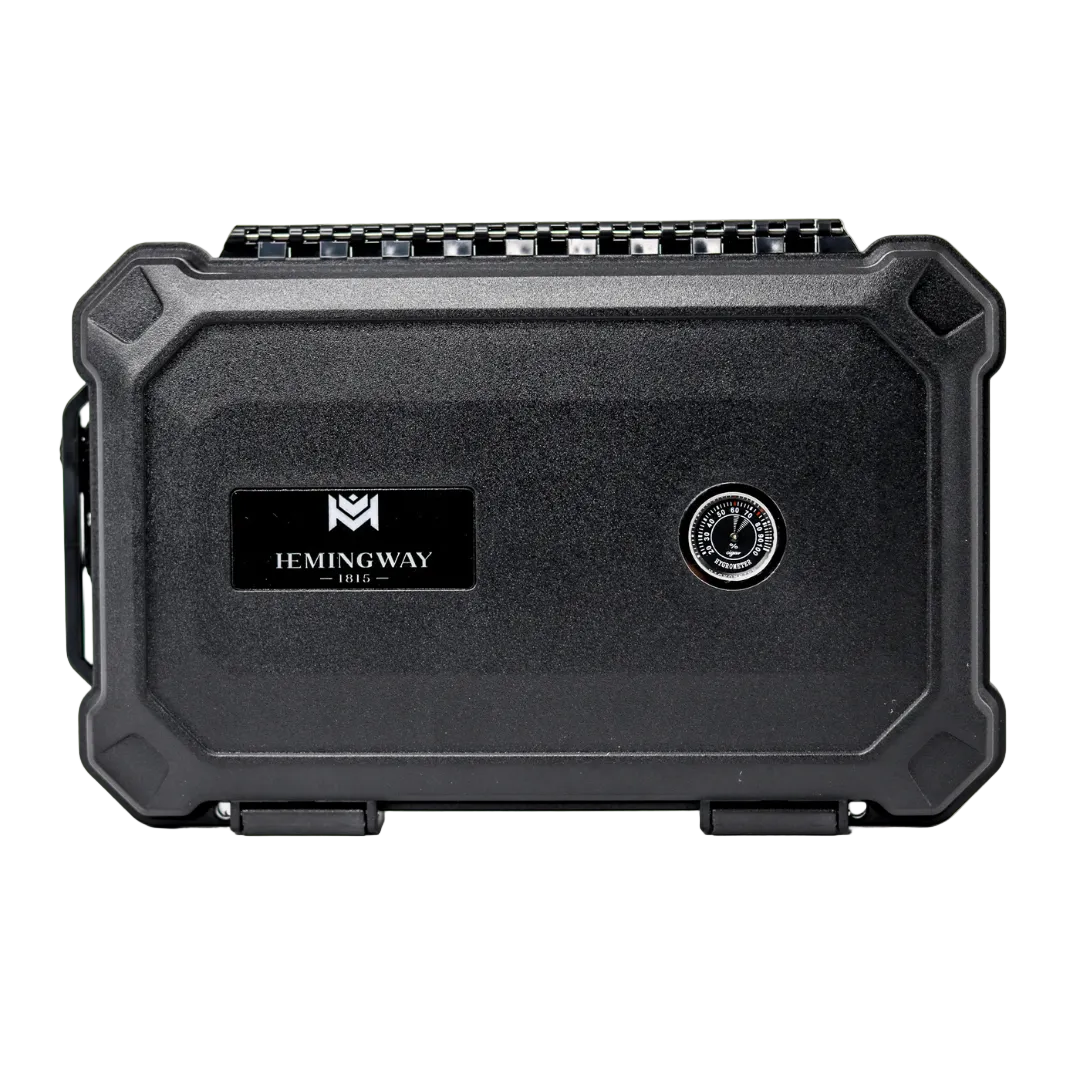 Black rugged case with Hemingway logo on a white background