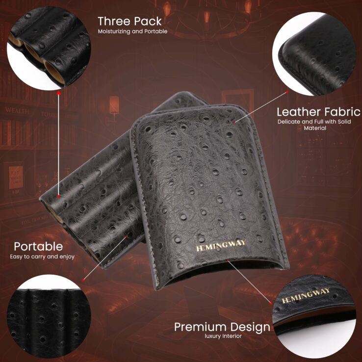 Three-pack of leather fabric car mats with 'Hemingway' branding on a dark background.