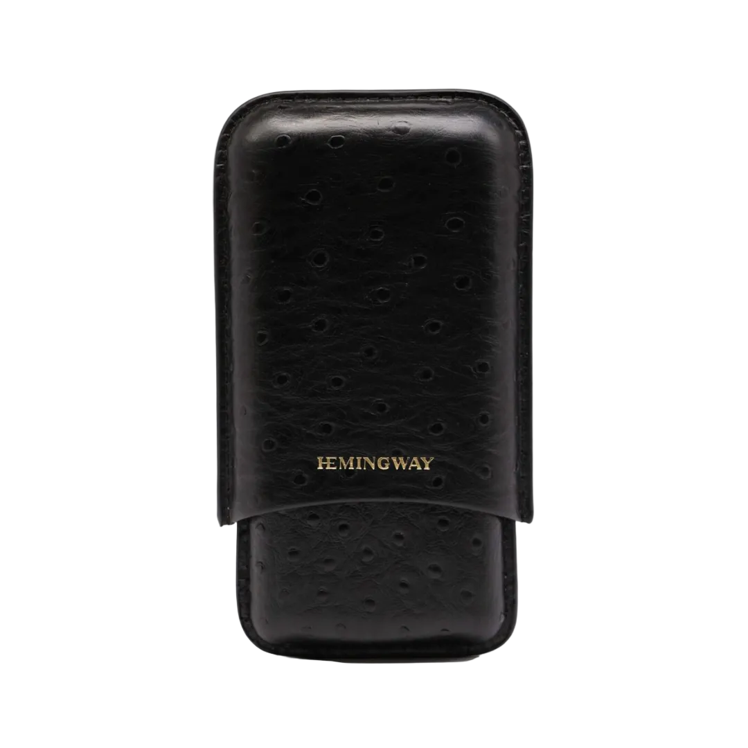 Black leather phone case with 'Hemingway' branding on a white background