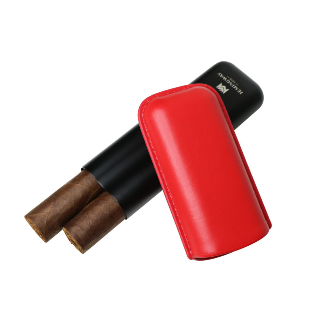 Red leather cigar case with two cigars on a white background