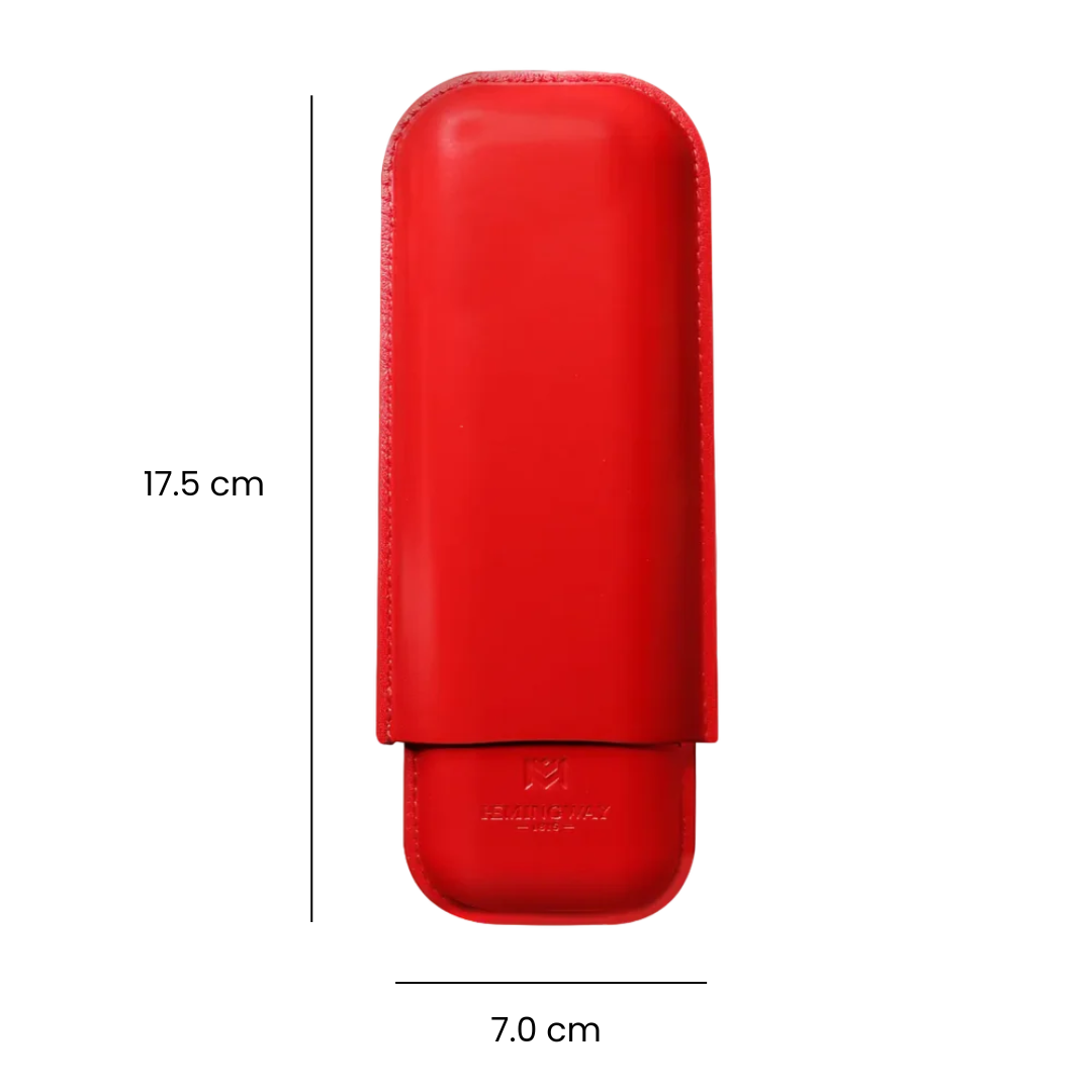 hemingway Cigar Case Red leather case with dimensions on a white background