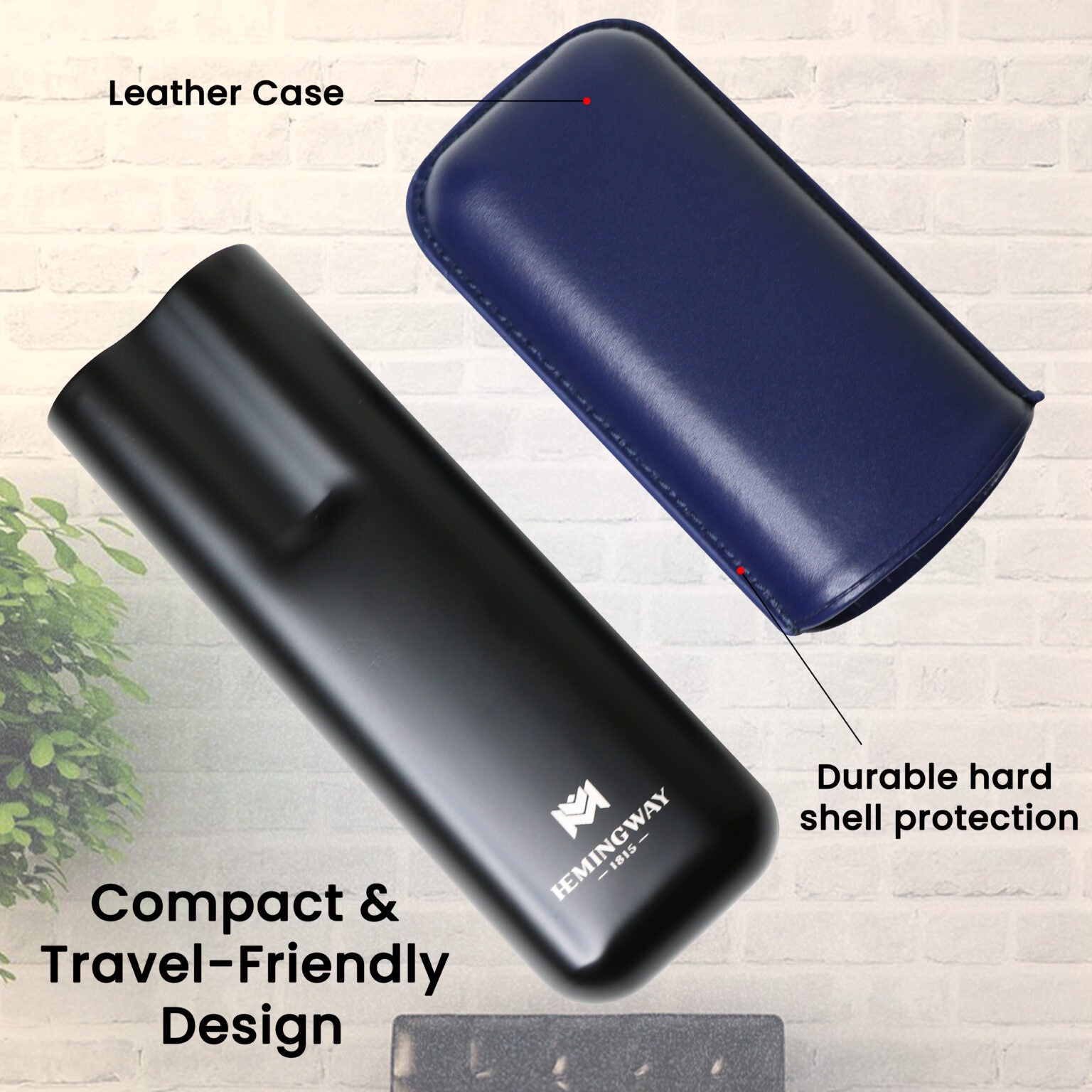 Black and blue leather cases with text highlighting features on a light background