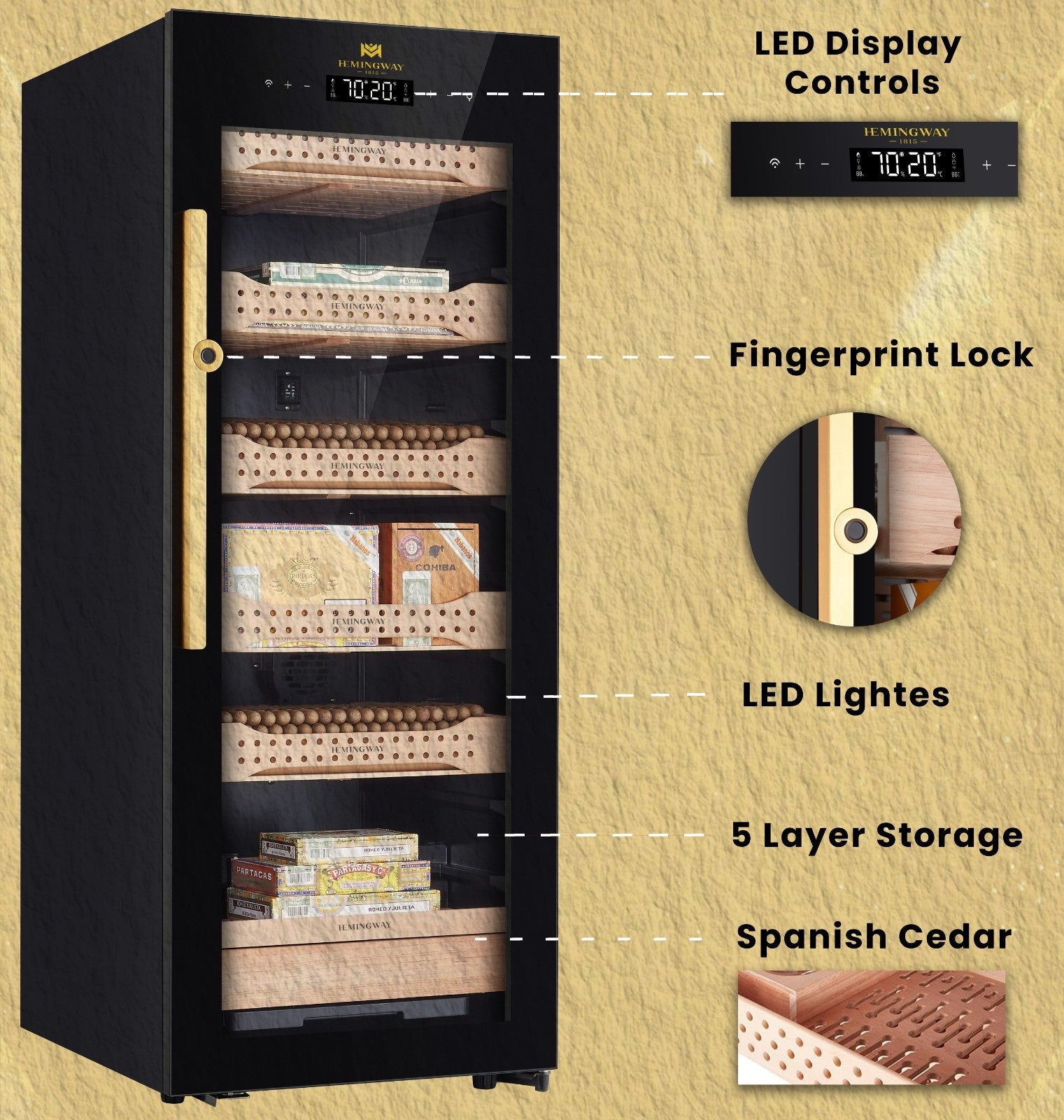 Electric cigar humidor B4 with LED display controls, fingerprint lock, Spanish cedar shelves, LED lighting, and 5-layer storage cabinet.