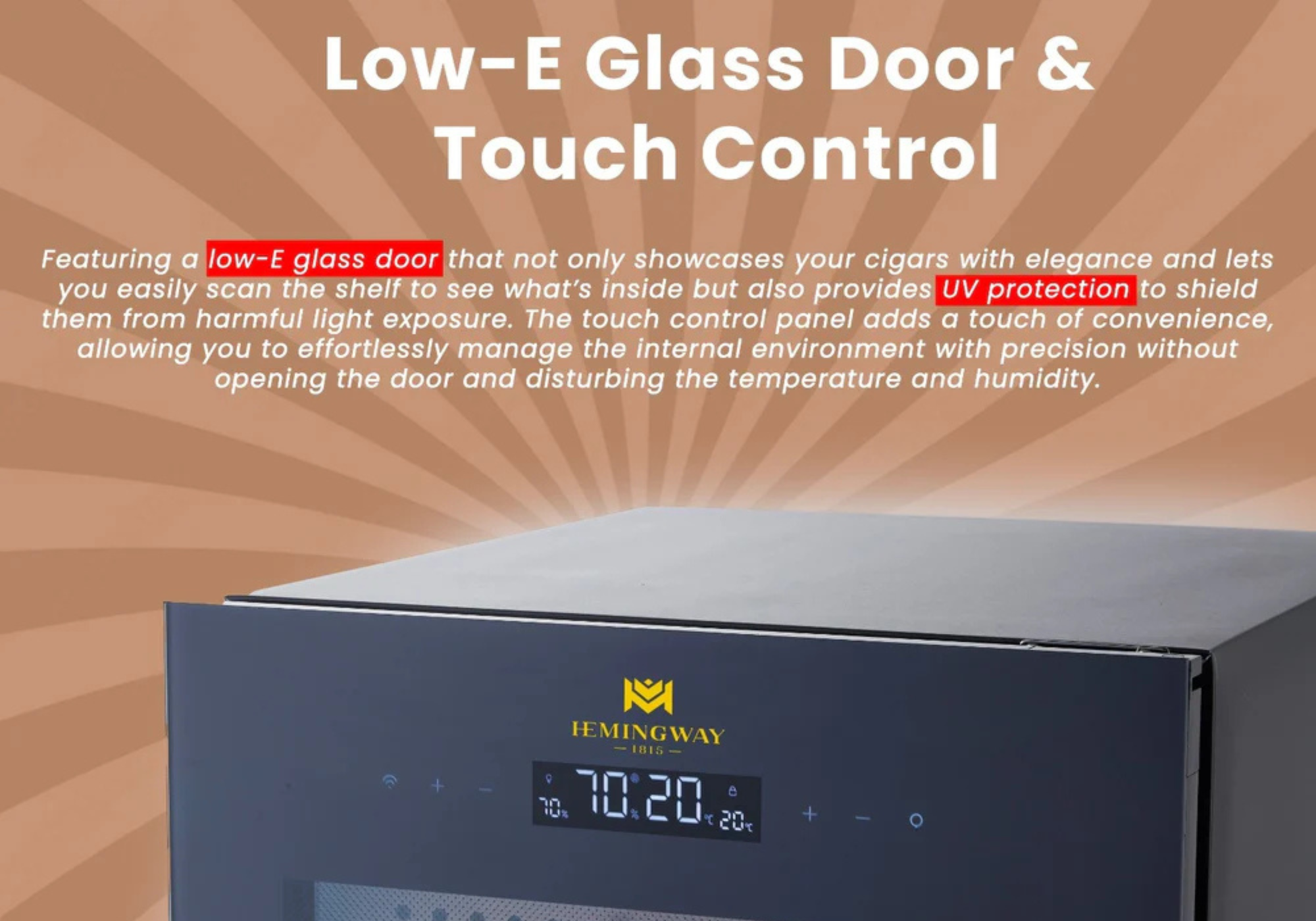 Electric cigar humidor B4 featuring low-E UV protection glass door and digital touch control temperature display.
