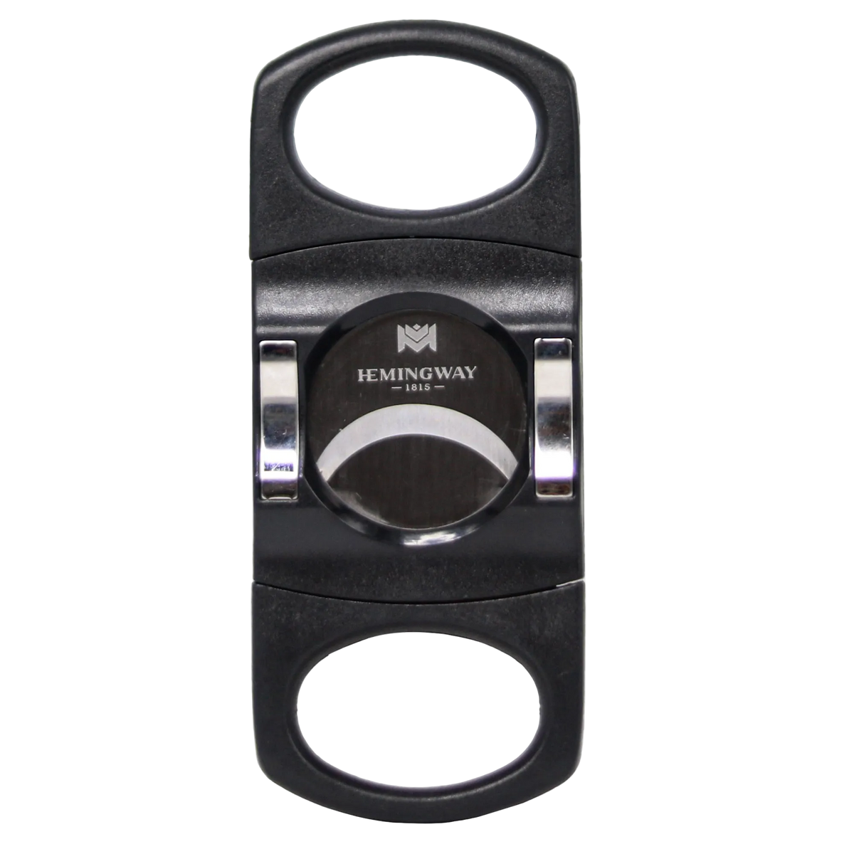 Front view of Hemingway black and silver precision cigar cutter with oval finger grips, silver side accents and a branded double-blade cutting opening.