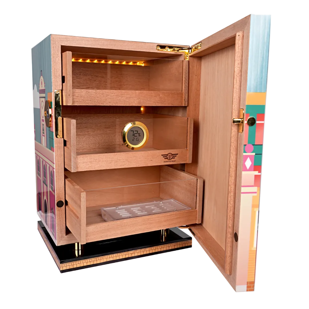 Limited edition Hemingway humidor open with Spanish cedar interior shelves