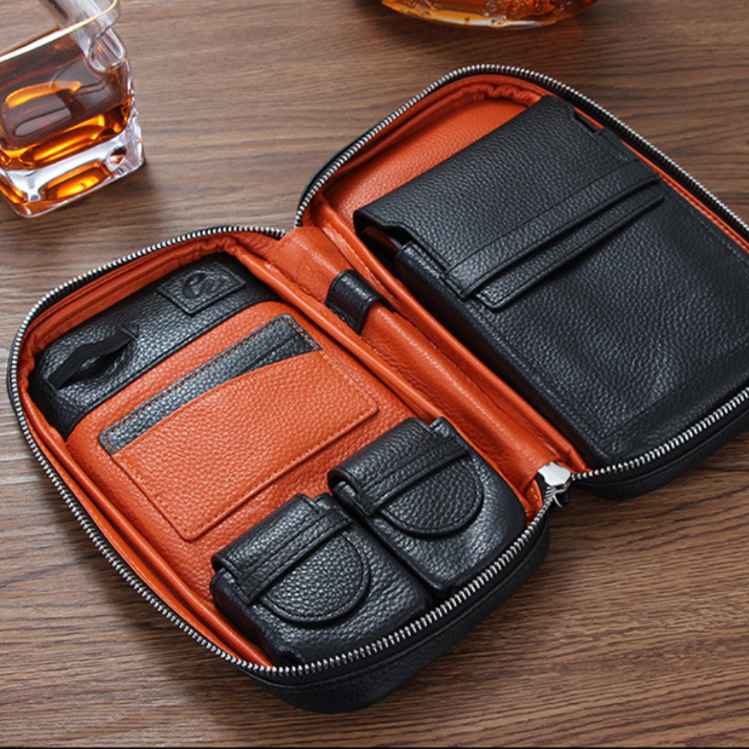 Luxury cigar travel case with genuine leather exterior and compact design