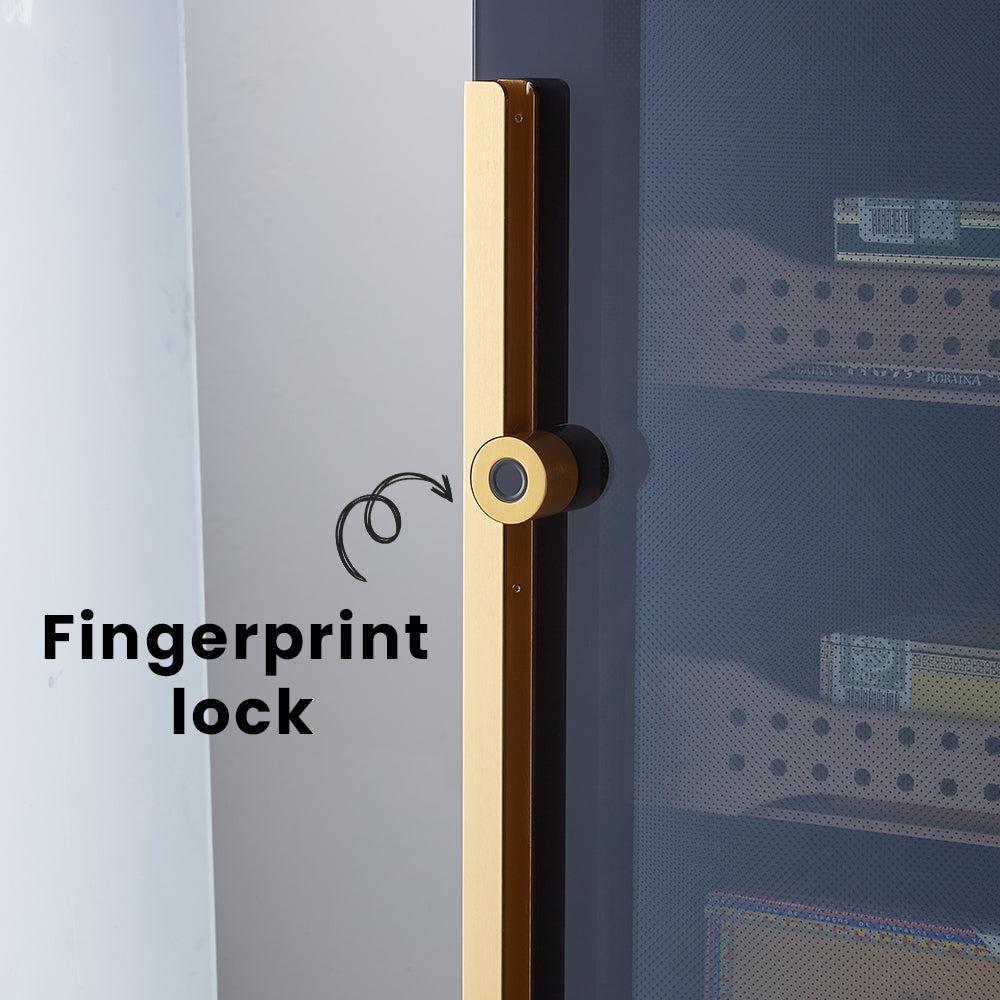 Electric cigar humidor B4 fingerprint lock system on glass door with secure smart access control.