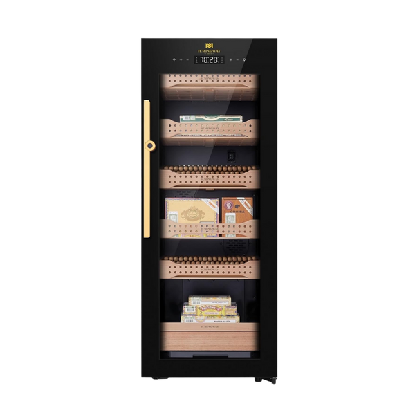 Electric cigar humidor B4 full front view with glass door, Spanish cedar shelves, LED display, and 1200 cigar capacity cabinet