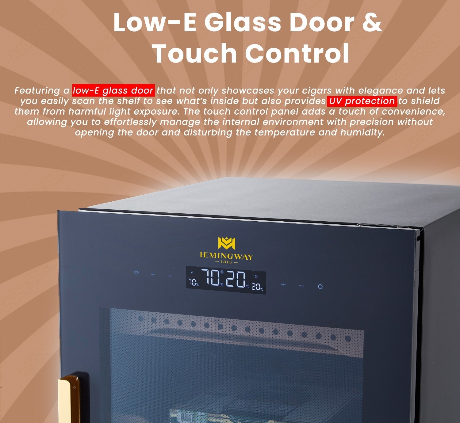 Electric cigar humidor B4 with Low-E UV protection glass door and digital touch control temperature display panel.