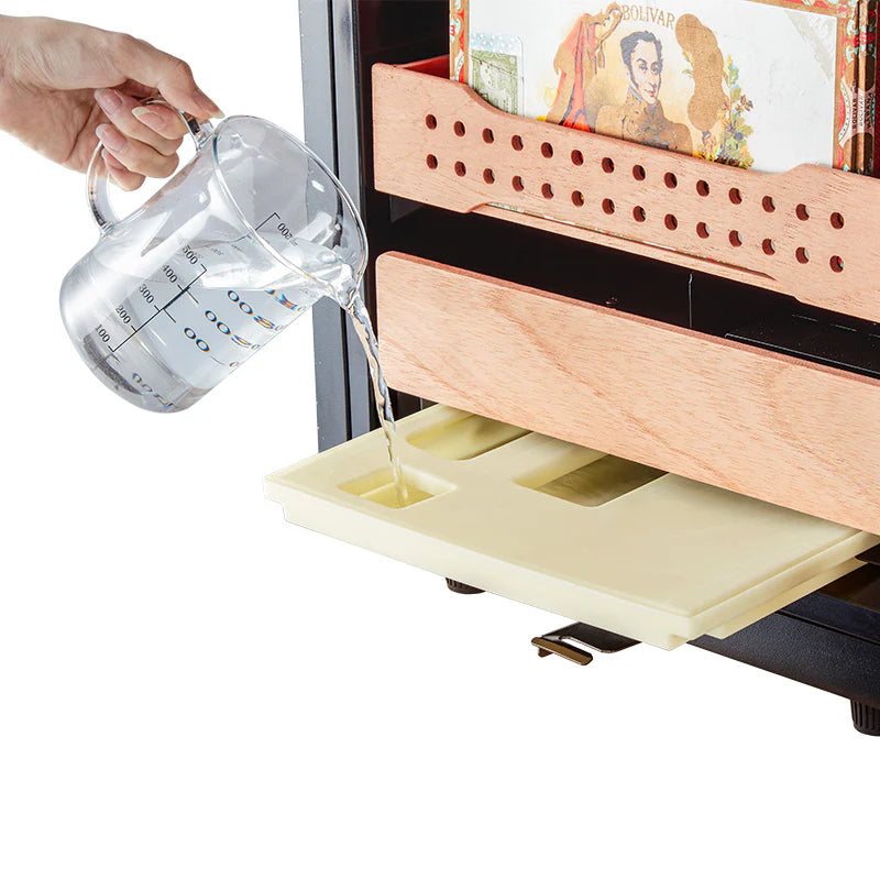 Electric cigar humidor water refill tray system for stable humidity control