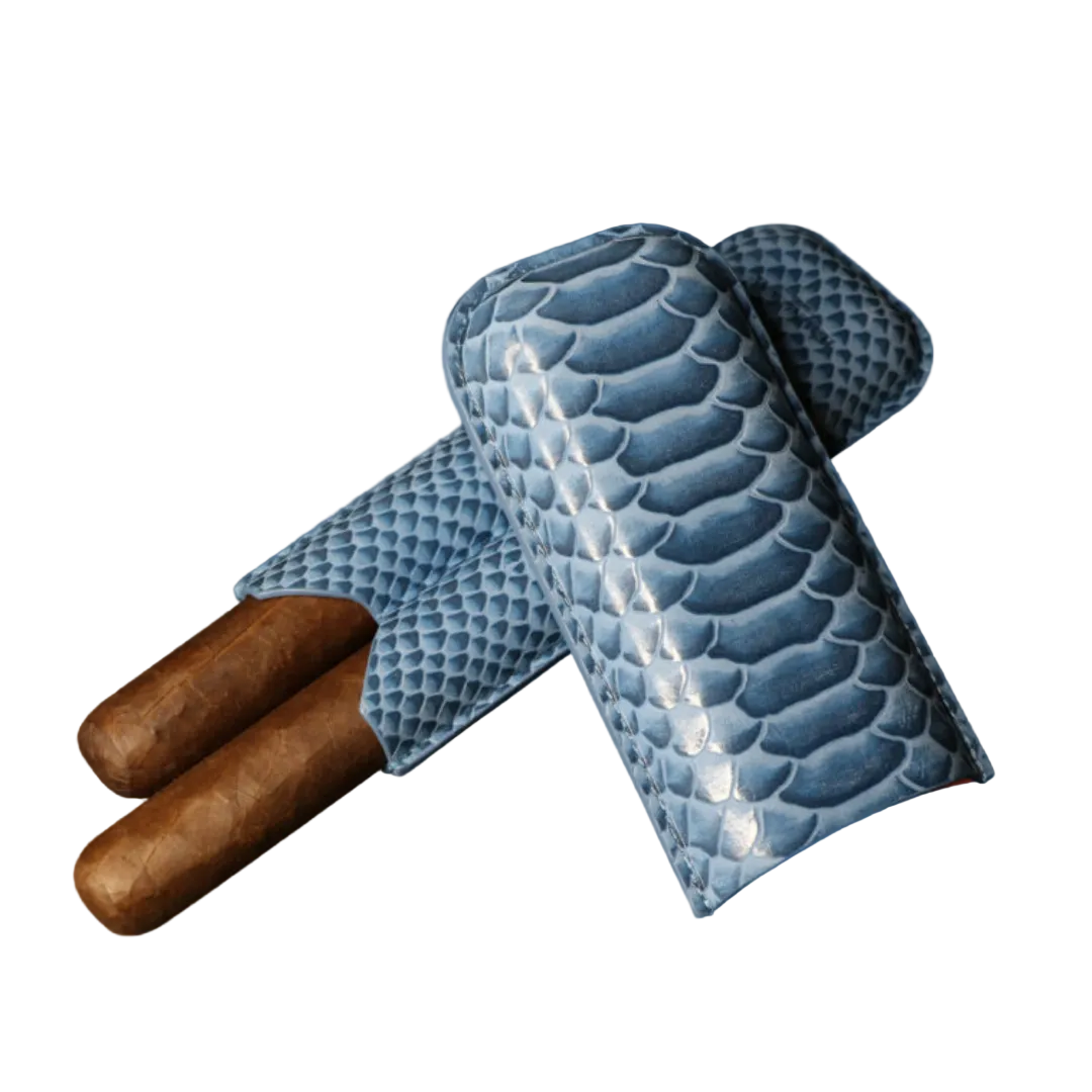 Blue textured glove holding two cigars on a white background