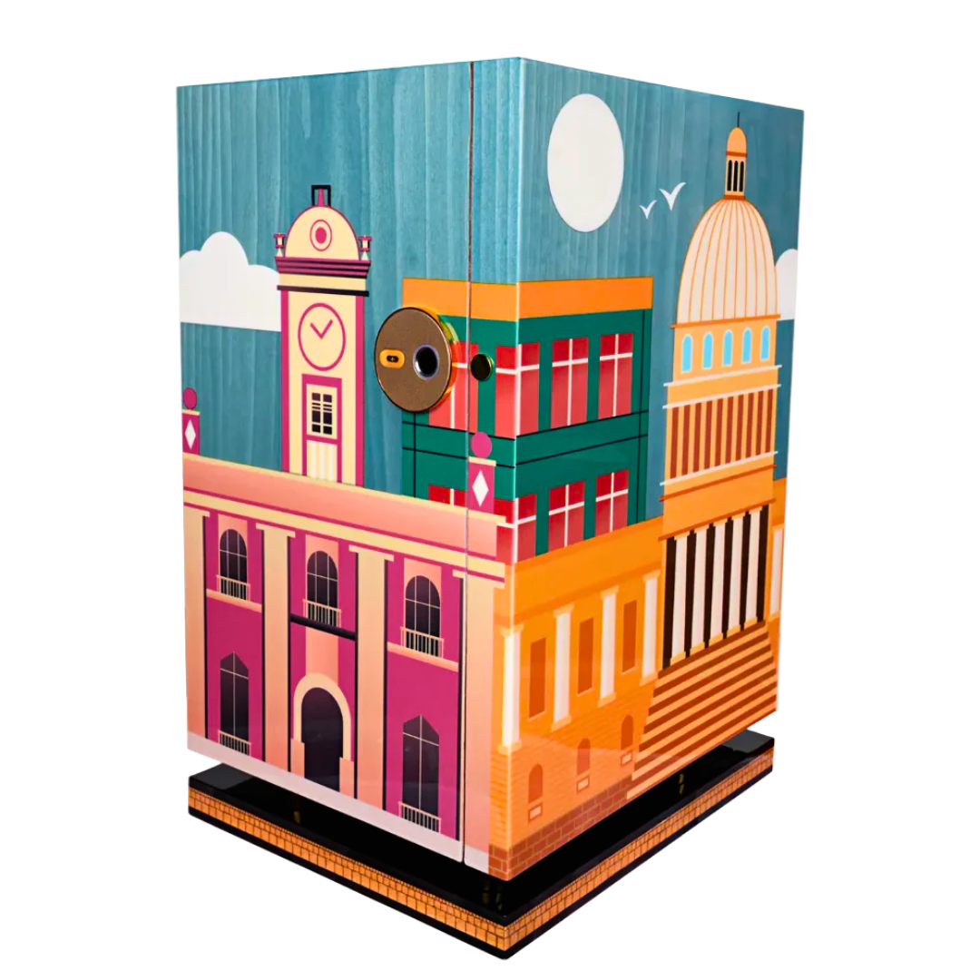 Luxury limited edition cigar humidor with artistic exterior design and secure lock