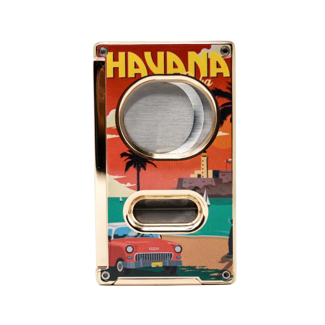 Cigar cutter with 'Havana' text and vintage car and palm tree design on a colorful background