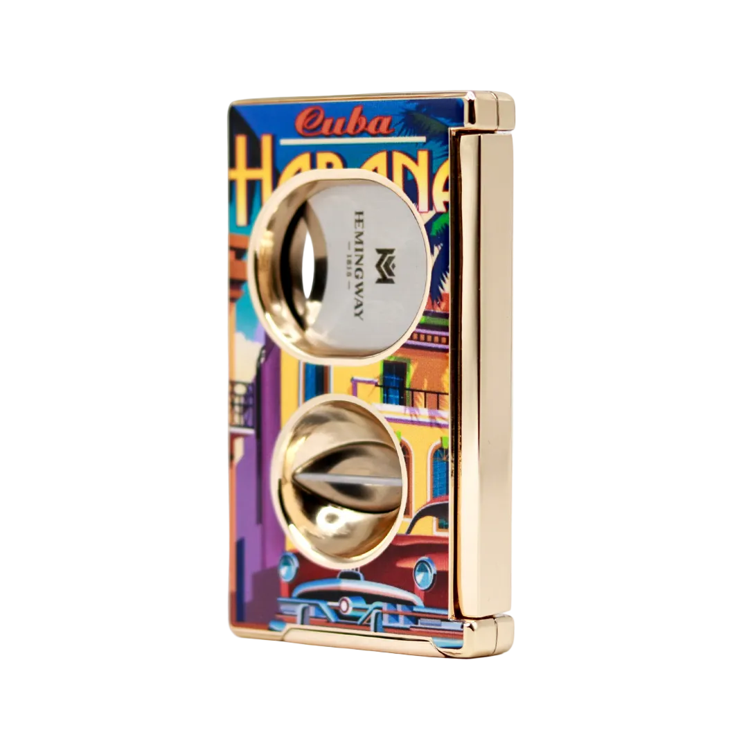 Cigar cutter with colorful design and gold accents on a white background