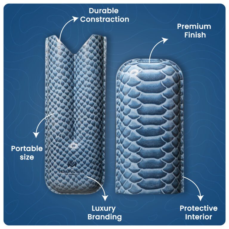 Blue textured product with features labeled on a blue background